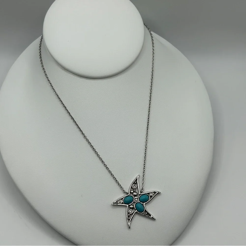 Coastal Silver Turquoise Starfish Pendant Necklace